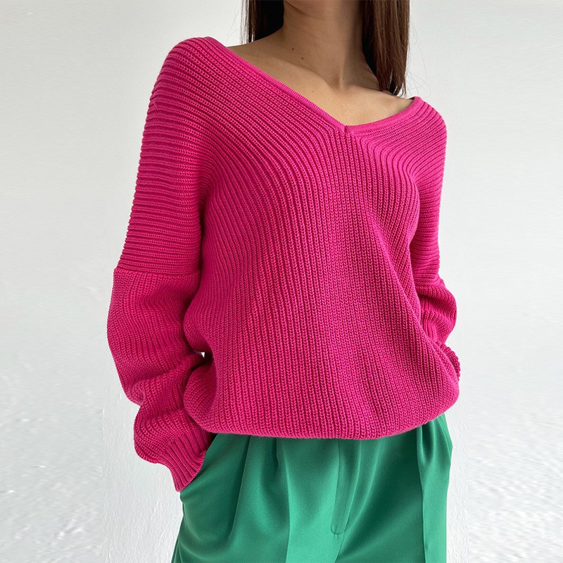 V-Neck Pullover Pit Strip Loose Sweater-ABOXUN