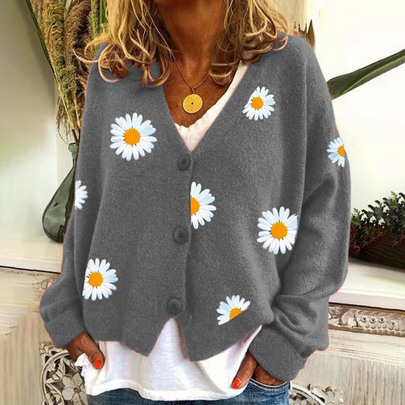 Vintage Single-Breasted Daisy Jacquard Sweater Cardigan-ABOXUN