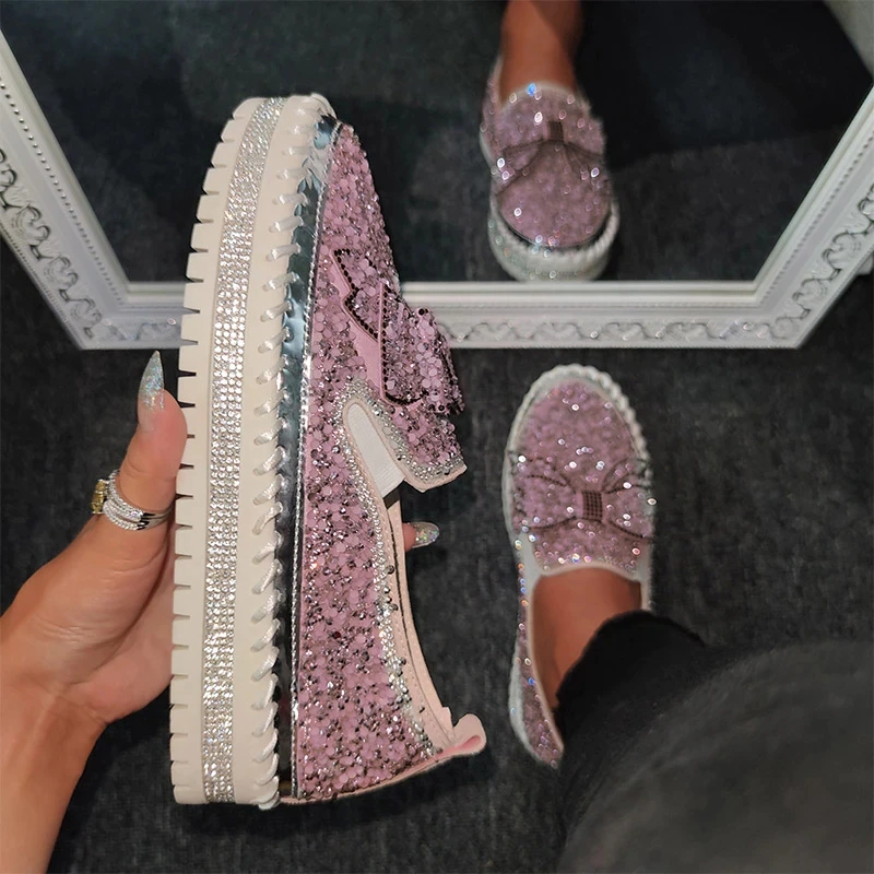 👡Women Shining Rhinestone Slip-on Loafers with Cute Bowknot-ABOXUN