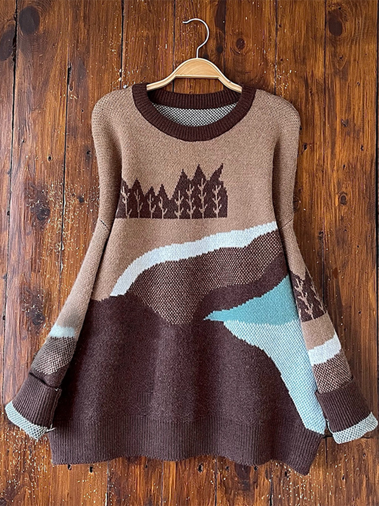Casual Mountains Pattern Long Sleeve Sweater-ABOXUN