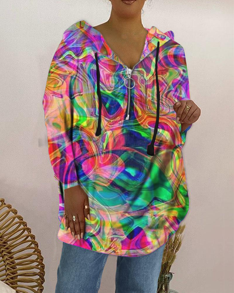 Fashion zipper thick color psychedelic elements long-sleeved sweater-ABOXUN