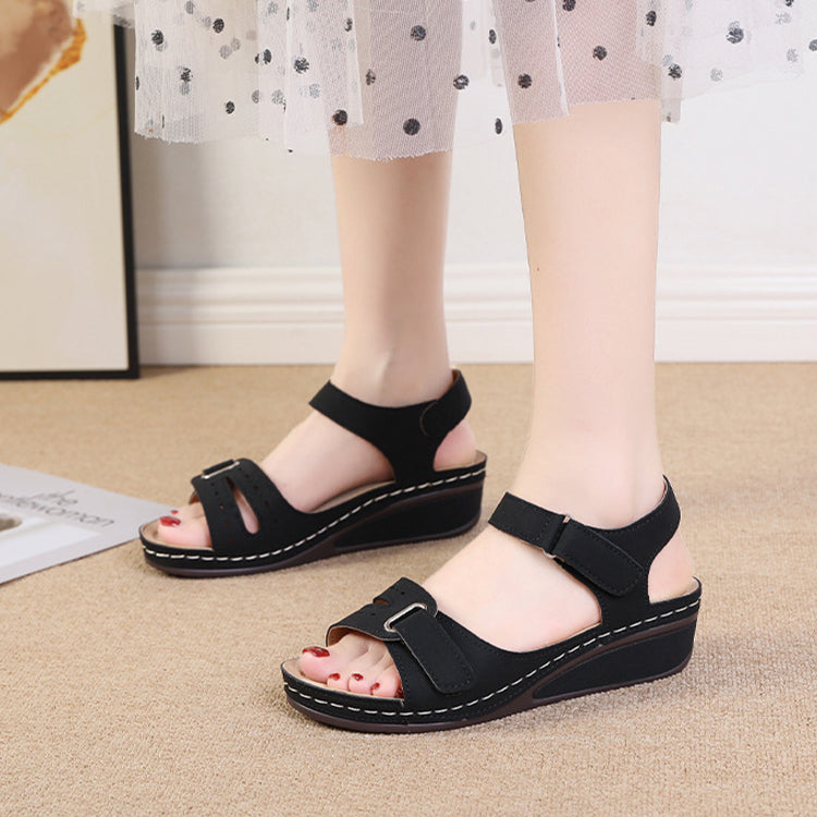 2022 New Casual Round Toe Velcro Mid Heel Women Wedge Sandals-ABOXUN