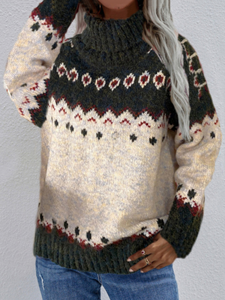 Long Sleeve Jacquard Turtleneck Thick Sweater-ABOXUN