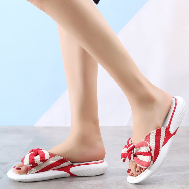 Women's Memory Foam Open Toe Slide Slippers With Cute Bowknot, Ladies' Slip On House Shoes Spa Slippers With Indoor Outdoor Anti-Skid Rubber Sole-ABOXUN