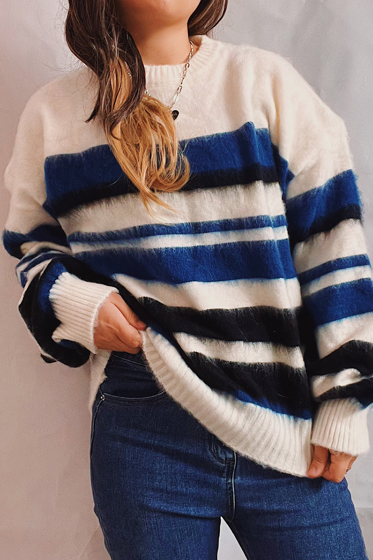 Vintage Long Sleeve Crewneck Striped Sweater-ABOXUN