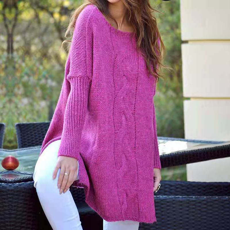 Crew Neck Loose Hem Slit Long Sleeve Knit Sweater-ABOXUN
