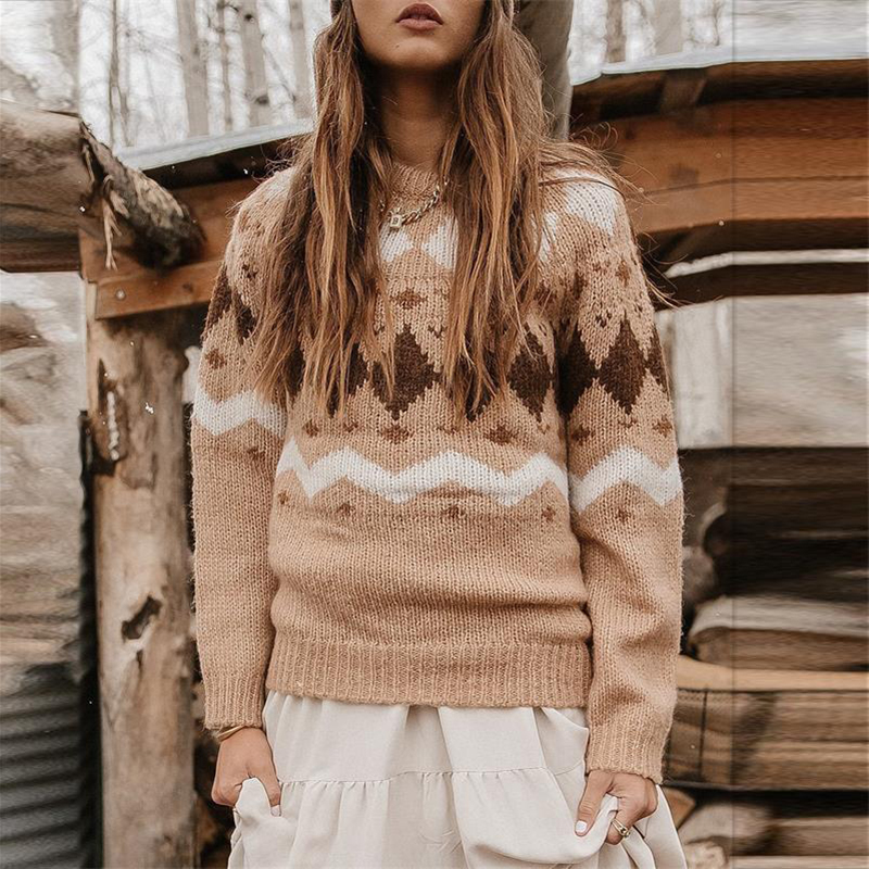 Fellman Island Geometric Contrast Loose Crewneck Sweater-ABOXUN