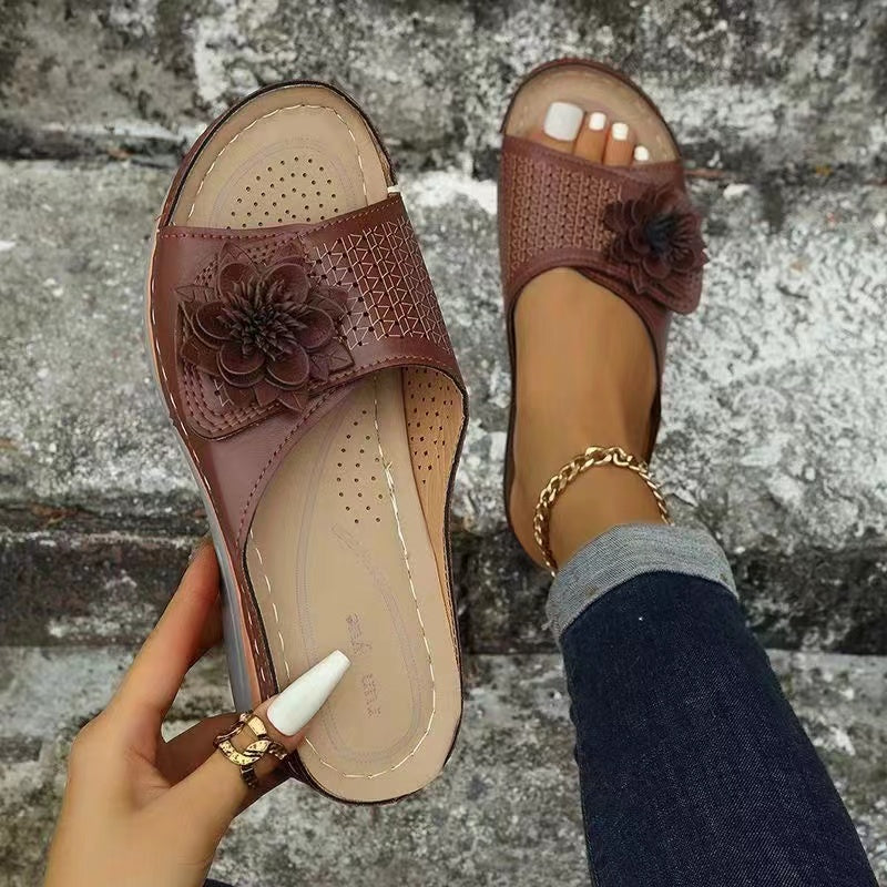 2022 Summer New Wedge Heel Fish Mouth Hollow Ladies Casual Slippers-ABOXUN