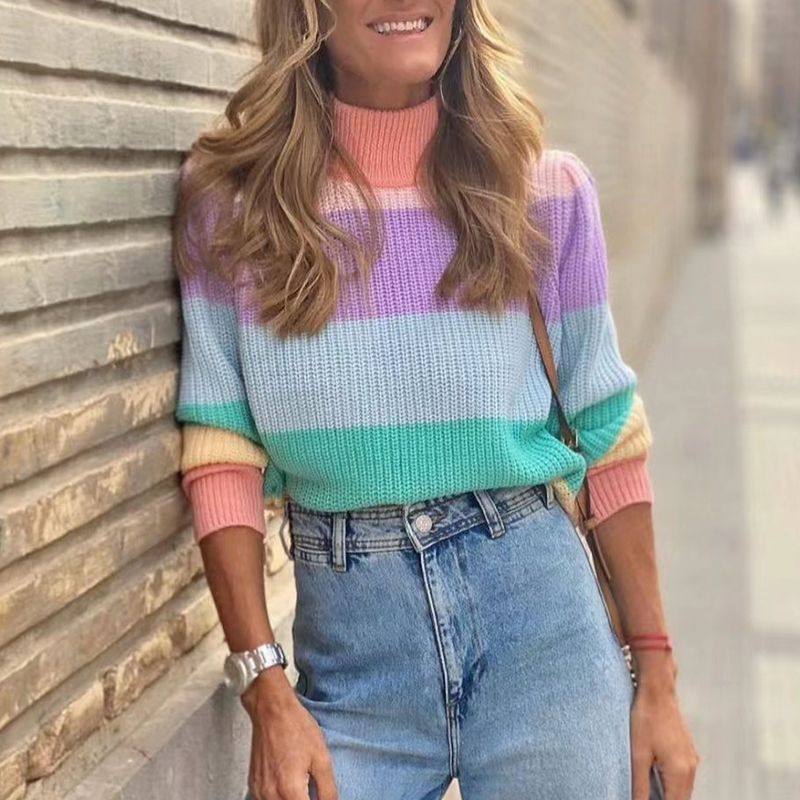 Contrast Turtleneck Long Sleeve Loose Sweater-ABOXUN