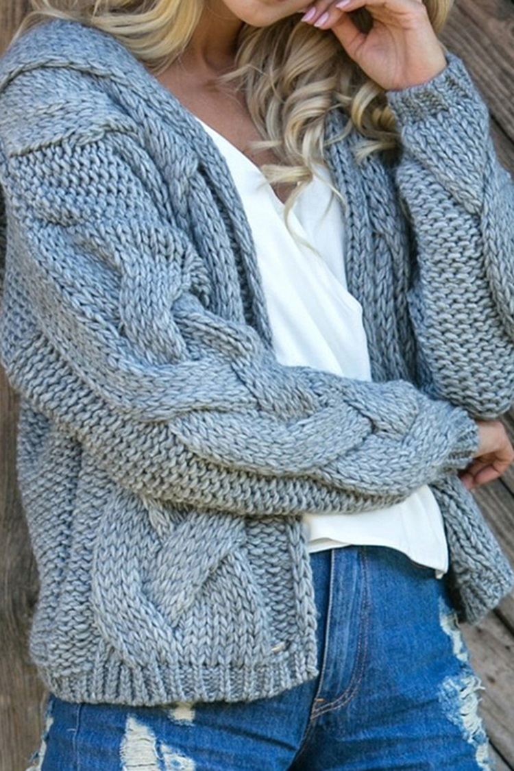 Twist Solid Color Thick Line Hooded Sweater Cardigan-ABOXUN