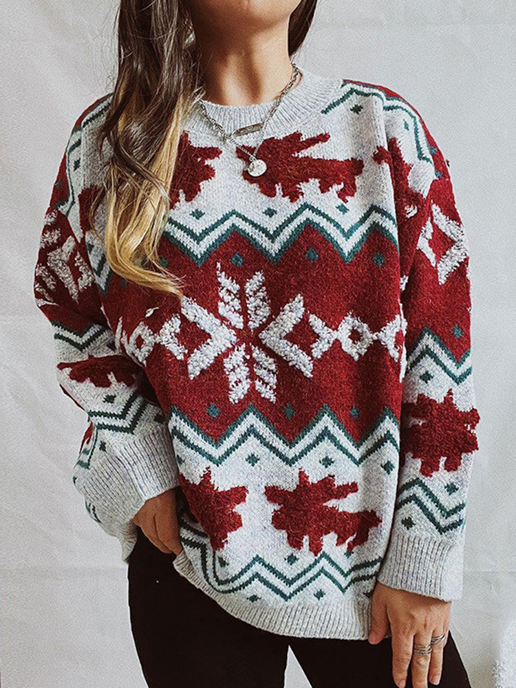 Vintage Christmas Snowflake Long Sleeve Sweater-ABOXUN
