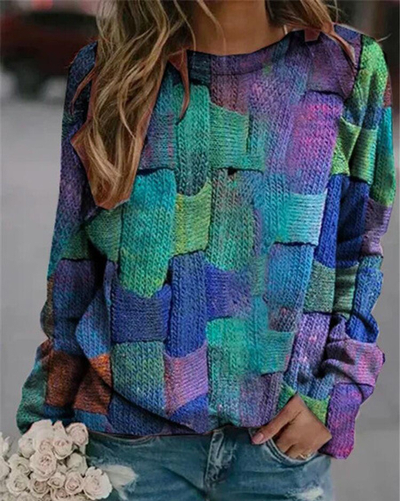 Plus Size Color Block Round Neckline Casual Shift Blouses Long Sleeve Sweater-ABOXUN
