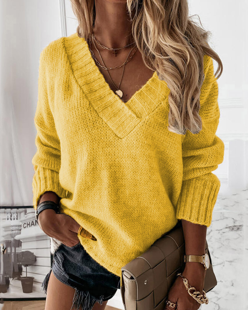 Solid Color V-neck Long-sleeved Pullover Knit Sweater-ABOXUN