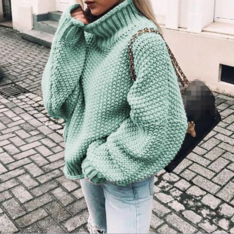Chunky Half Turtleneck Doll Sleeve Loose Sweater-ABOXUN