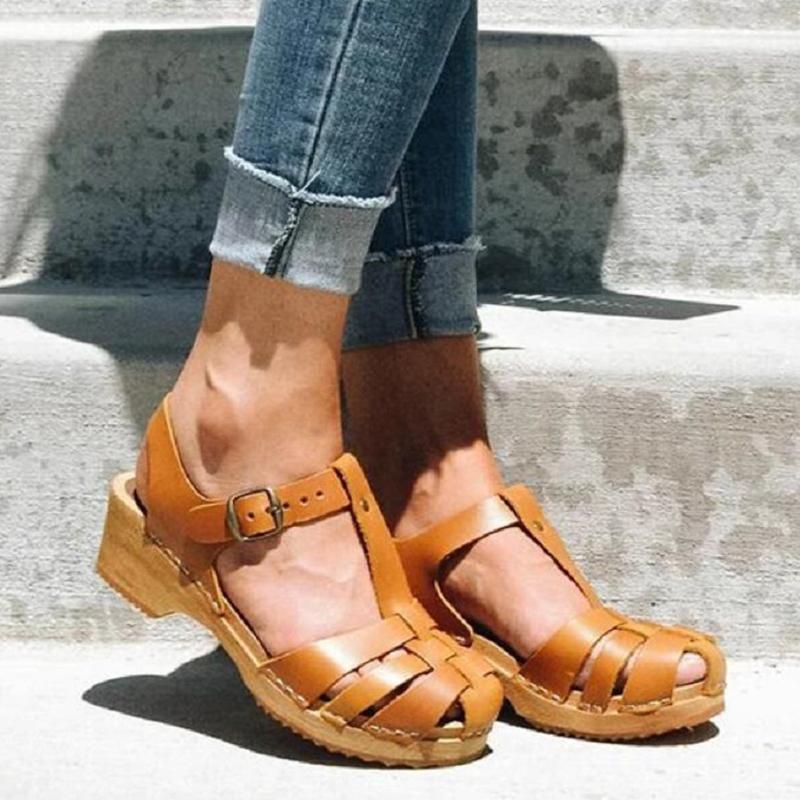 Women's Mid Heel Summer Sandals T-Strap Platform Sandals-ABOXUN