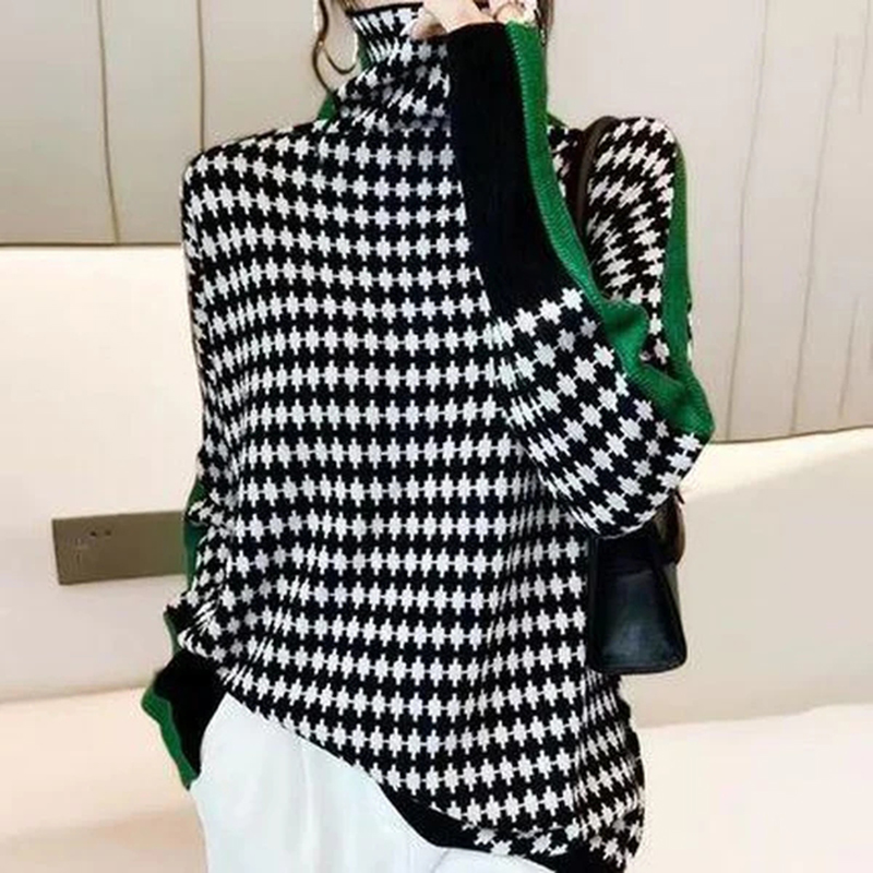 Green Stripe Black and White Diamond Print Sweater-ABOXUN
