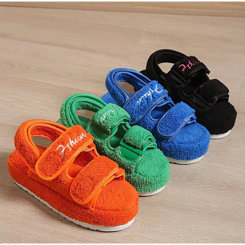 Round Toe Platform Velcro Fleece Thermal Cotton Sandals-ABOXUN