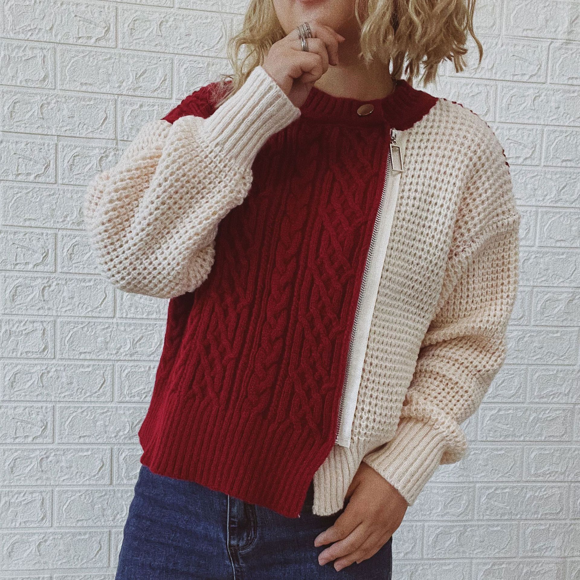 Vintage Colorblock Zip Long Sleeve Sweater-ABOXUN