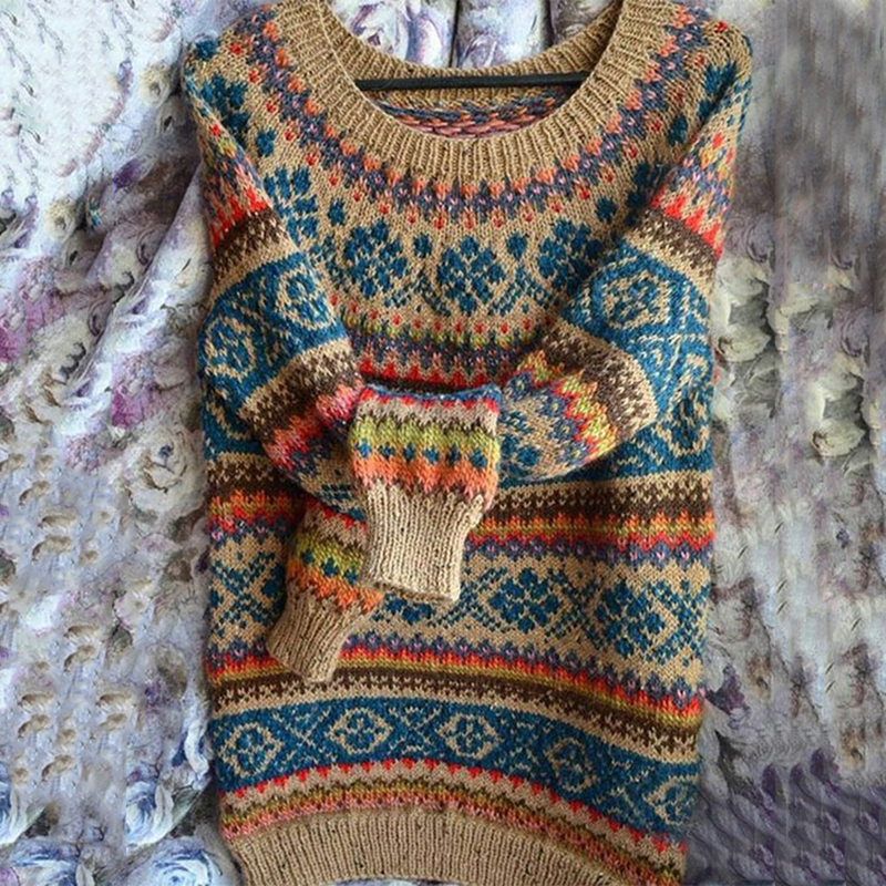 Vintage Crew Neck Long Sleeve Knit Loose Sweater-ABOXUN