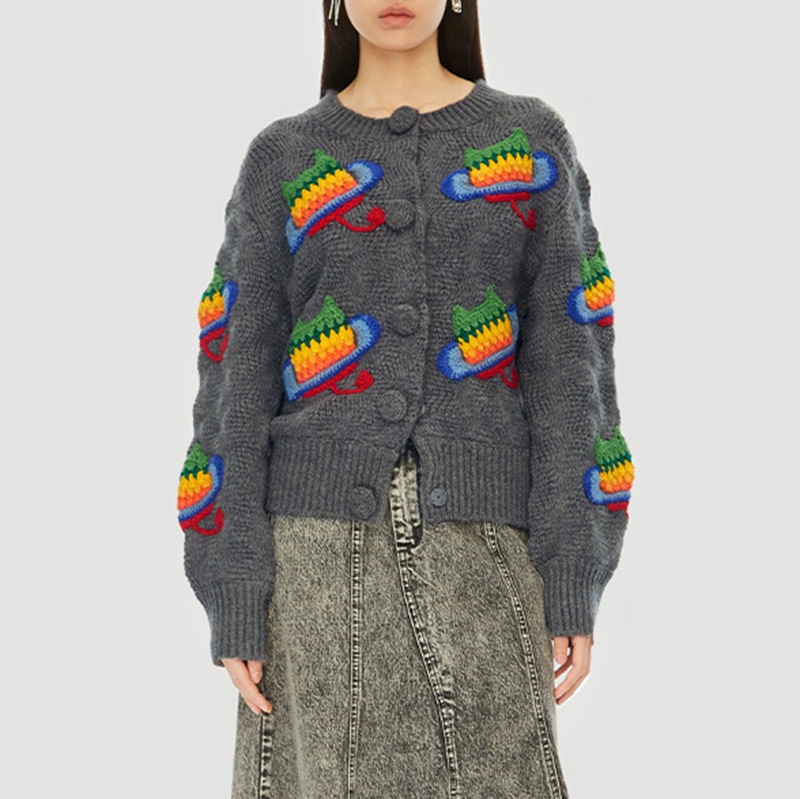 Embroidered Colorful Cat Knit Long Sleeve Cardigan-ABOXUN