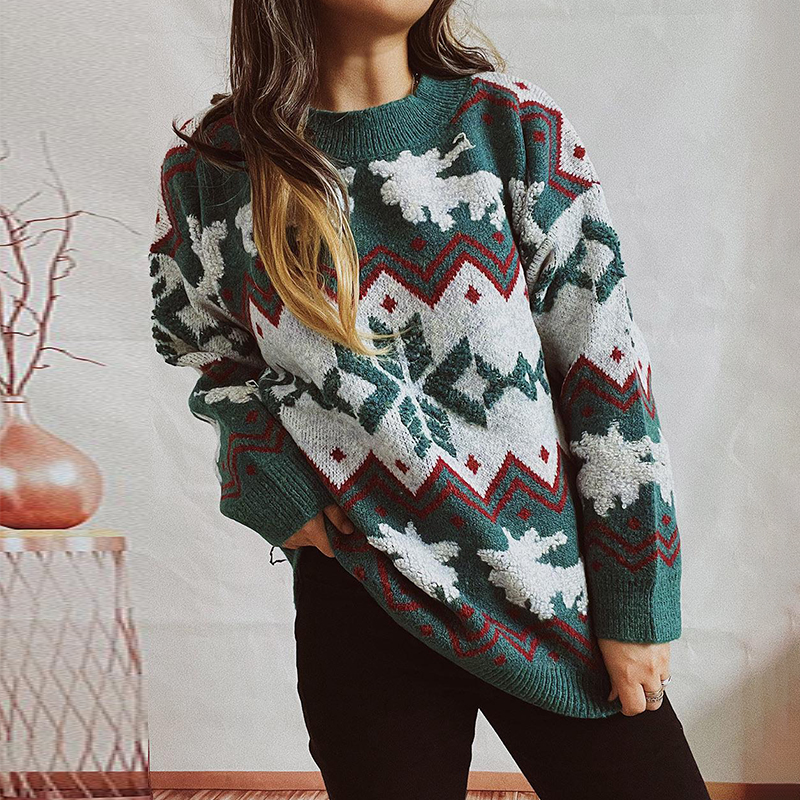 Vintage Christmas Snowflake Long Sleeve Sweater-ABOXUN