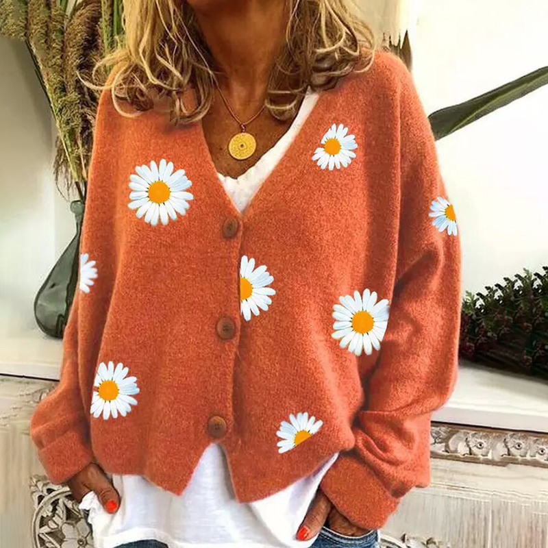 Vintage Single-Breasted Daisy Jacquard Sweater Cardigan-ABOXUN
