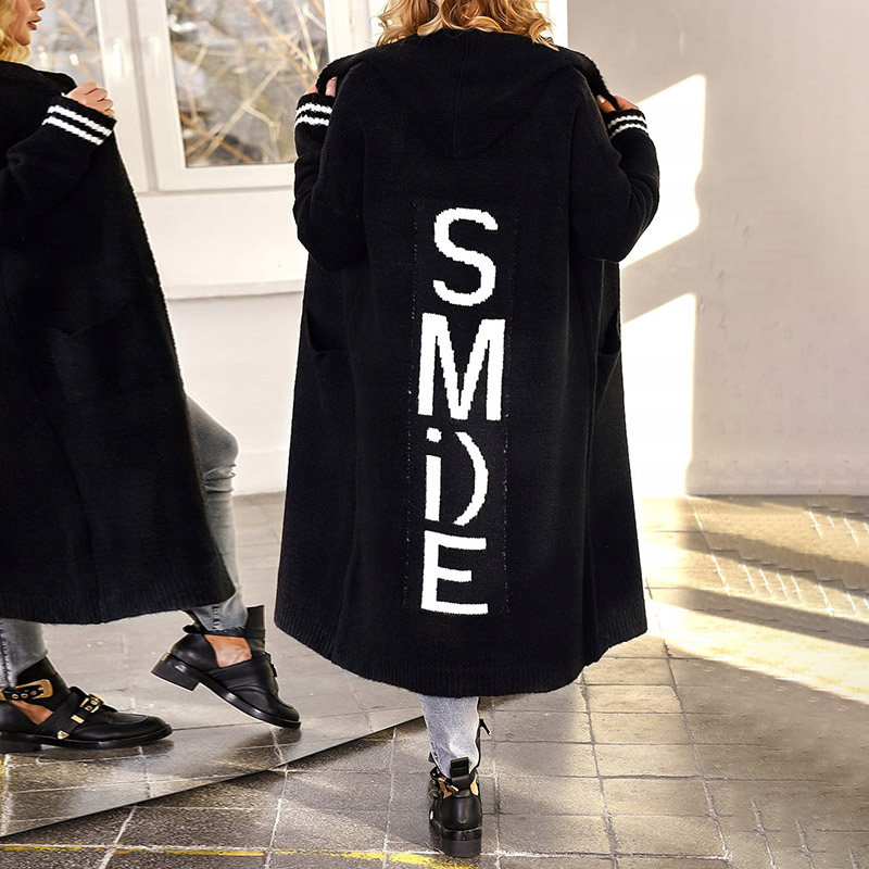 Letter Loose Casual Long Sleeve Hooded Sweater Cardigan-ABOXUN