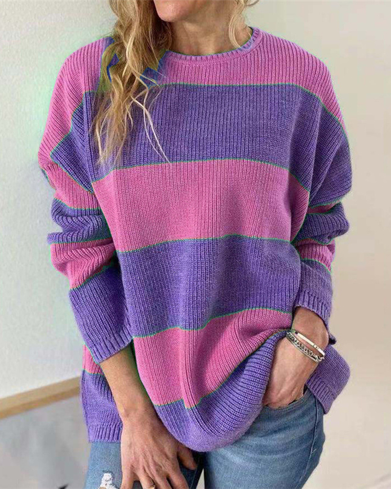 Striped Contrast Pullover Sweater-ABOXUN