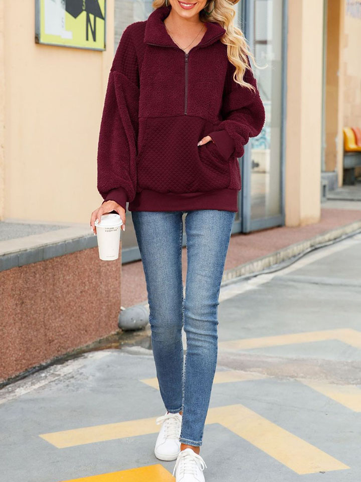 Pullover Zipper Mid-Length Solid Color Plush Patchwork Sweatshirt-ABOXUN