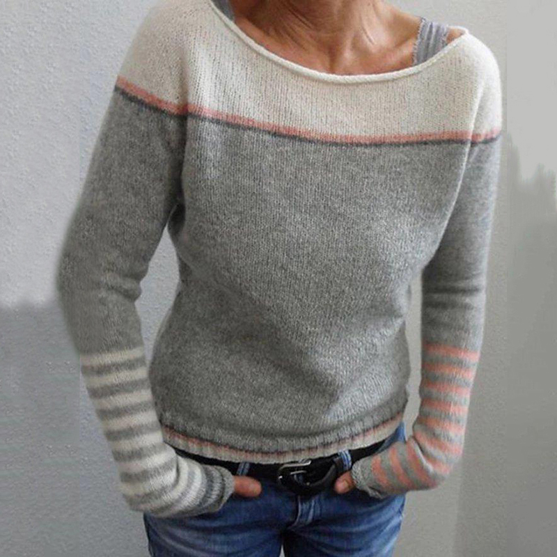 Casual Solid Patchwork Striped Contrast Sweater-ABOXUN