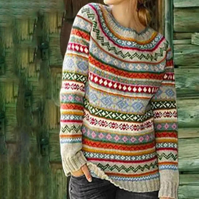 Vintage Ethnic Pattern Crew Neck Sweater-ABOXUN