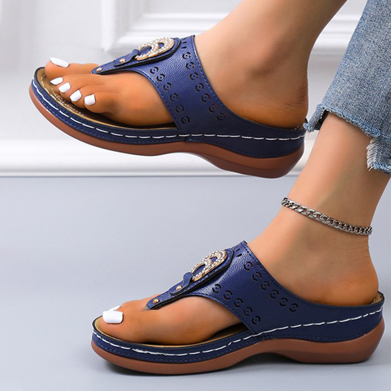 Metal Rhinestone Hollow PU Casual Flip-flops-ABOXUN