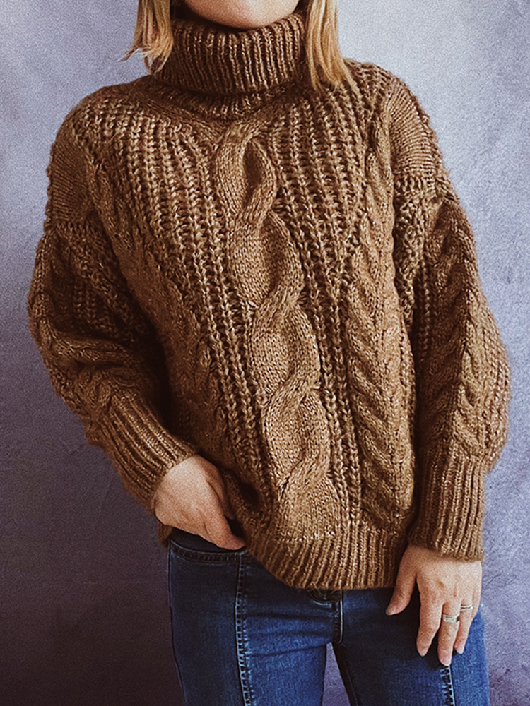 Vintage Long Sleeve Turtleneck Solid Sweater-ABOXUN