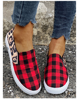 Casual Plaid Leopard Canvas Slip On Shoes-ABOXUN