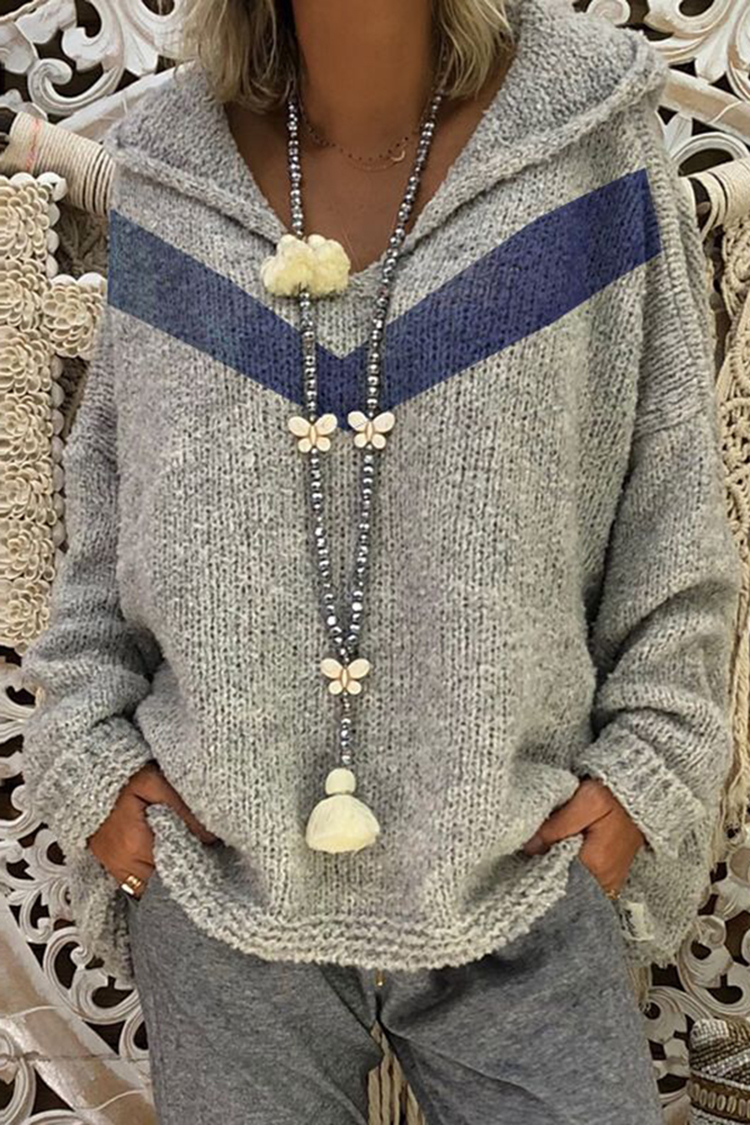 V Neck Contrast Hooded Loose Sweater-ABOXUN