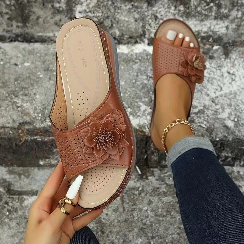 2022 Summer New Wedge Heel Fish Mouth Hollow Ladies Casual Slippers-ABOXUN