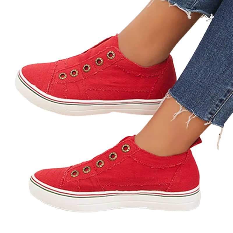 Women Red Canvas Casual Slip on Loafer Flat Sneakers Walking Shoes-ABOXUN
