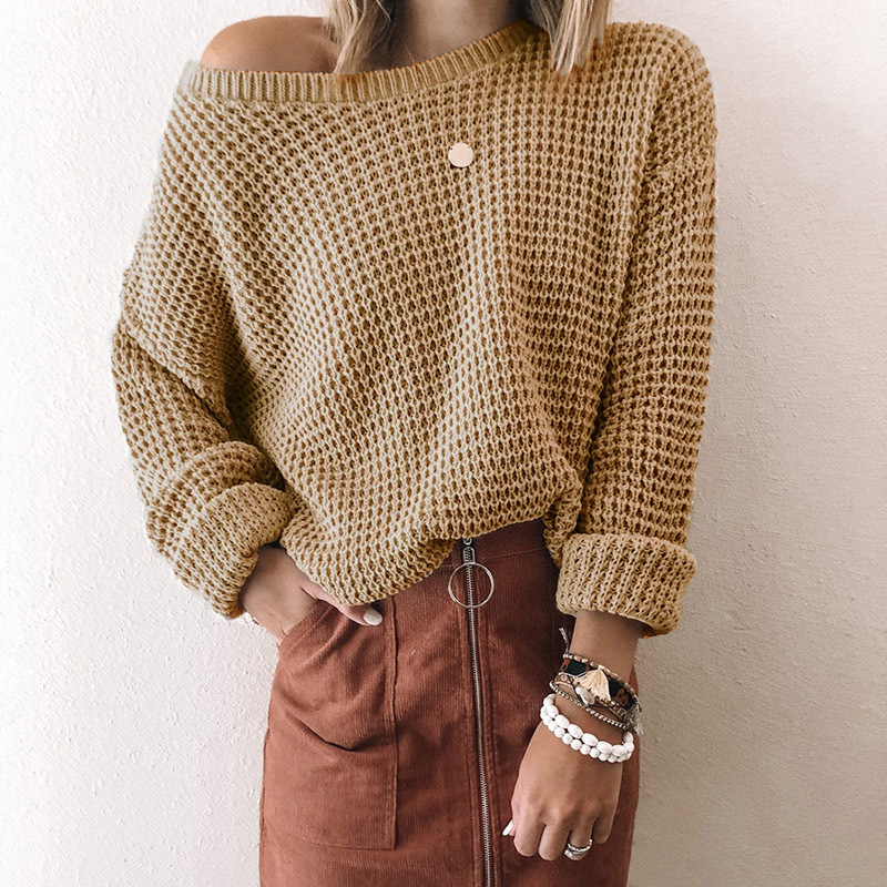 Loose Solid Color Inclined Collar Long Sleeve Knitted Sweater-ABOXUN