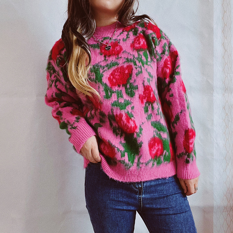 Vintage Long Sleeve Crew Neck Floral Sweater-ABOXUN