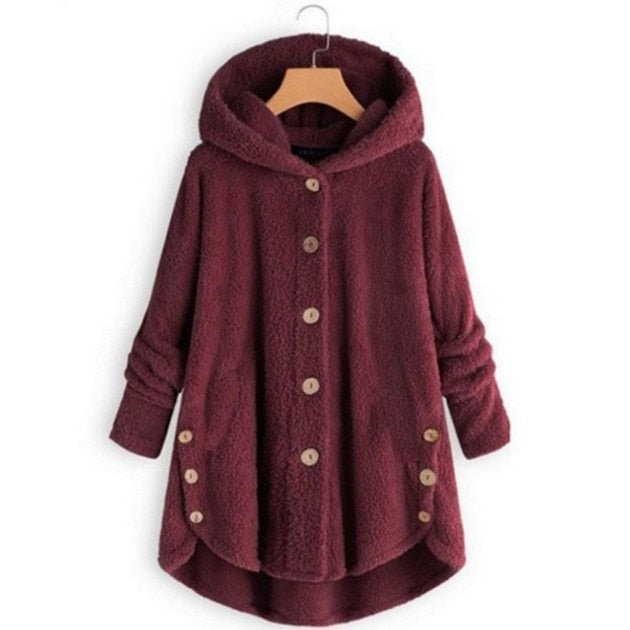 Women Warm Plus Size Button Plush Tops Ladies Hooded Cardigan Wool Coat Jacket-ABOXUN