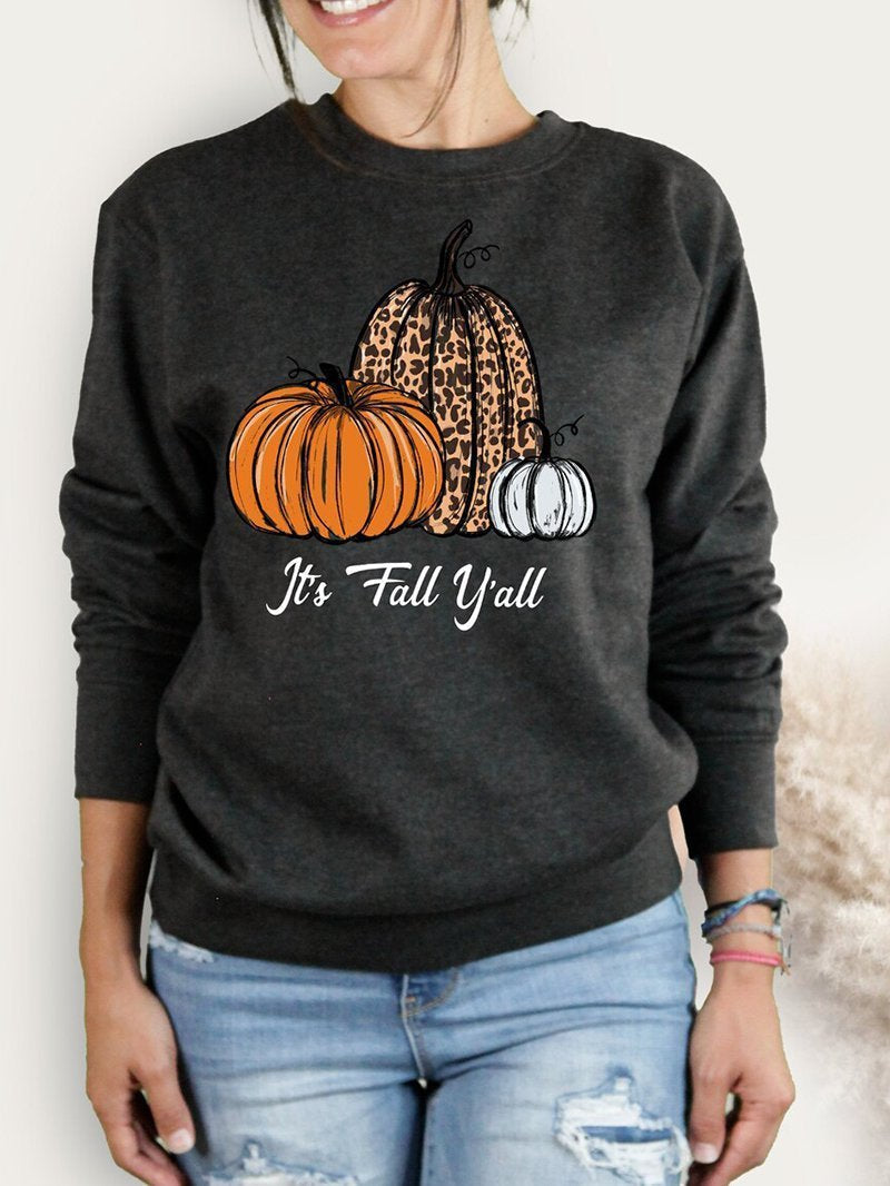 halloween Halloween fall yall leopard pumpkin print crew neck sweater women-ABOXUN