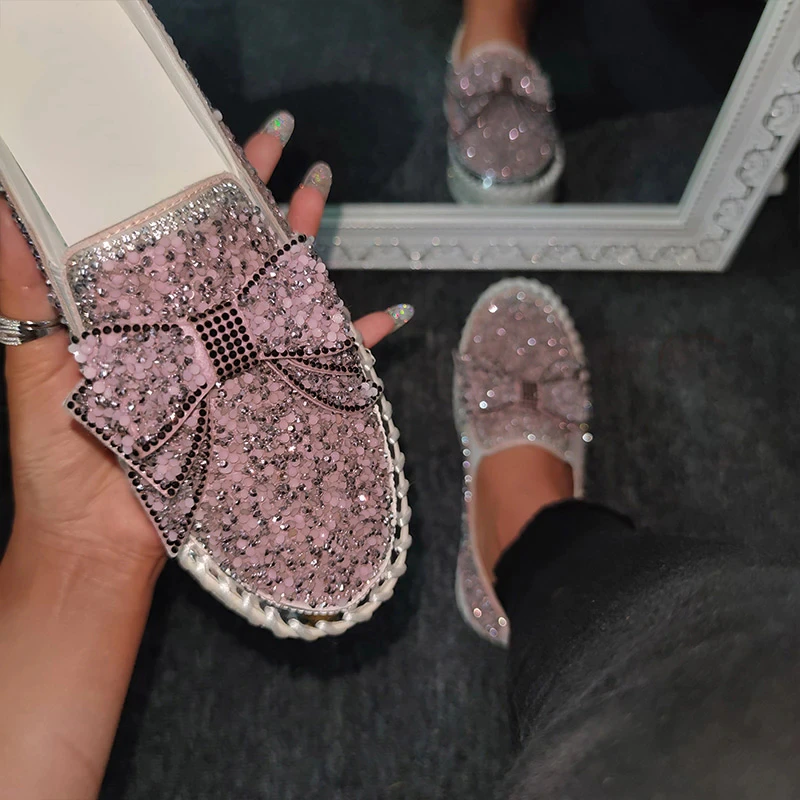 👡Women Shining Rhinestone Slip-on Loafers with Cute Bowknot-ABOXUN