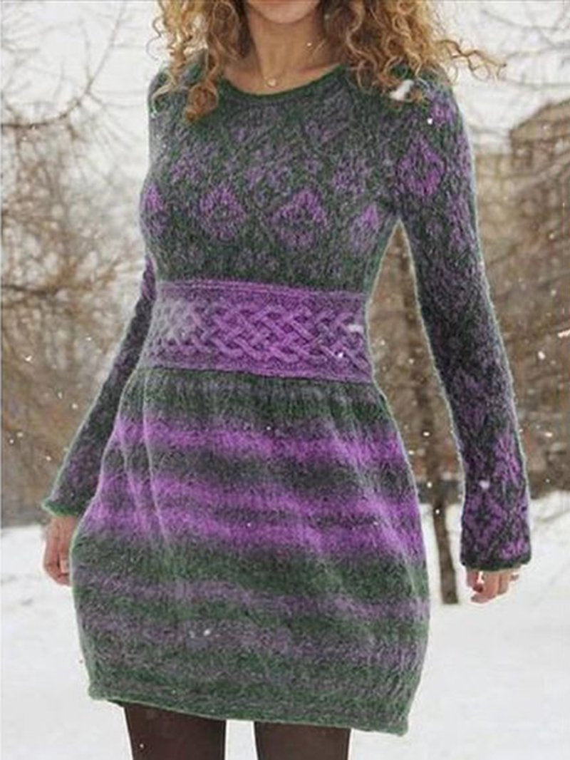 Ladies Knitted Round Neck Fashion Autumn Winter A-line Sweater Dress-ABOXUN