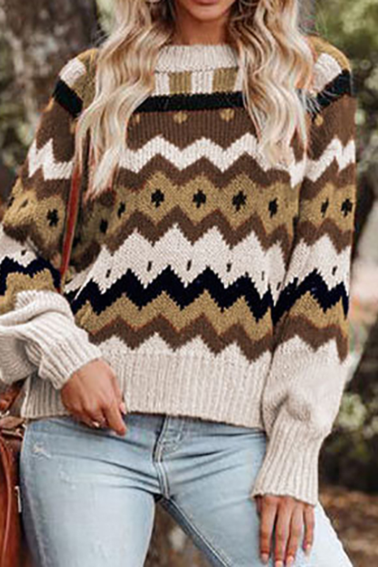 Vintage Crew Neck Argyle Jacquard Sweater-ABOXUN