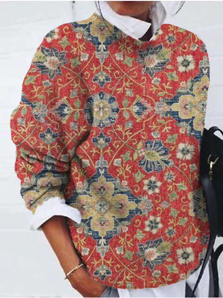 Vintage Ethnic Print Brushed Knit Top-ABOXUN