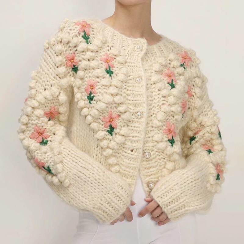 Chain Link Embroidered Floral Pearl Knit Cardigan-ABOXUN