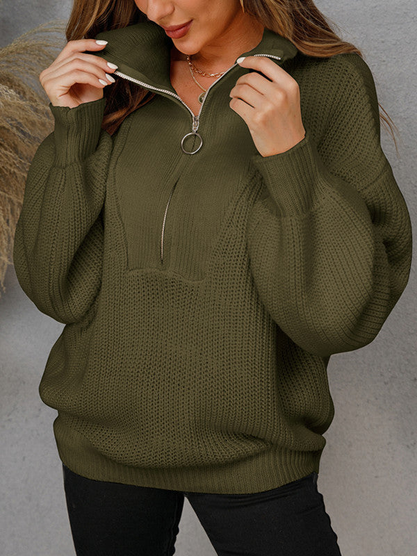 Pullover Zip Knit Lapel Solid Sweater-ABOXUN