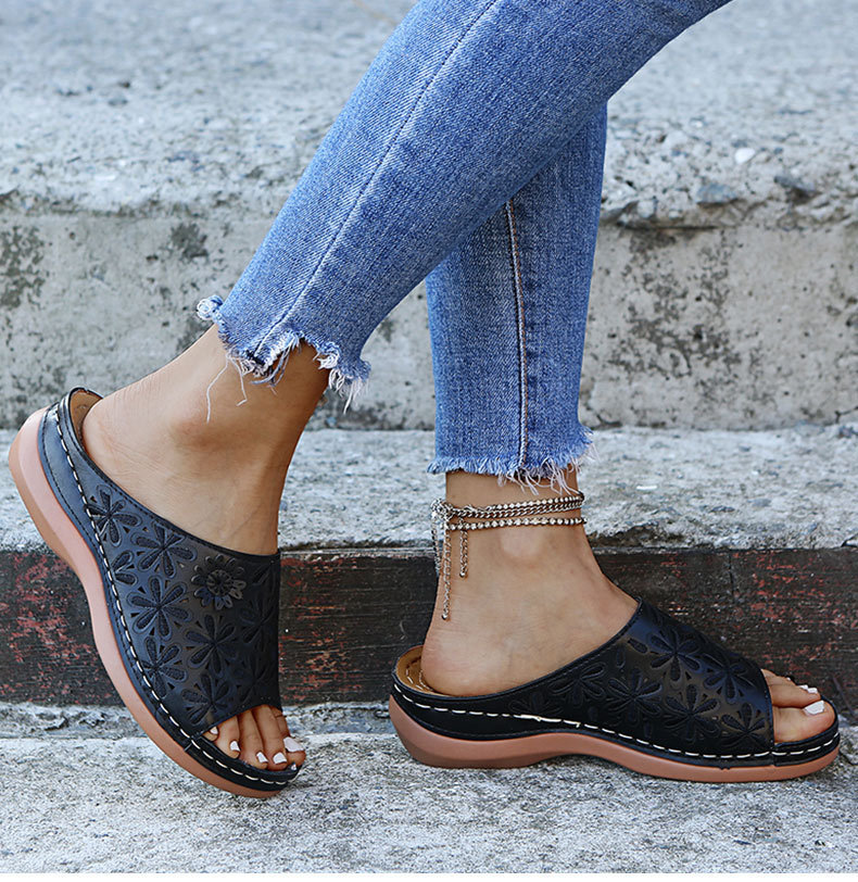 Women's Flat Bottom Hollow Solid Color Slippers-ABOXUN