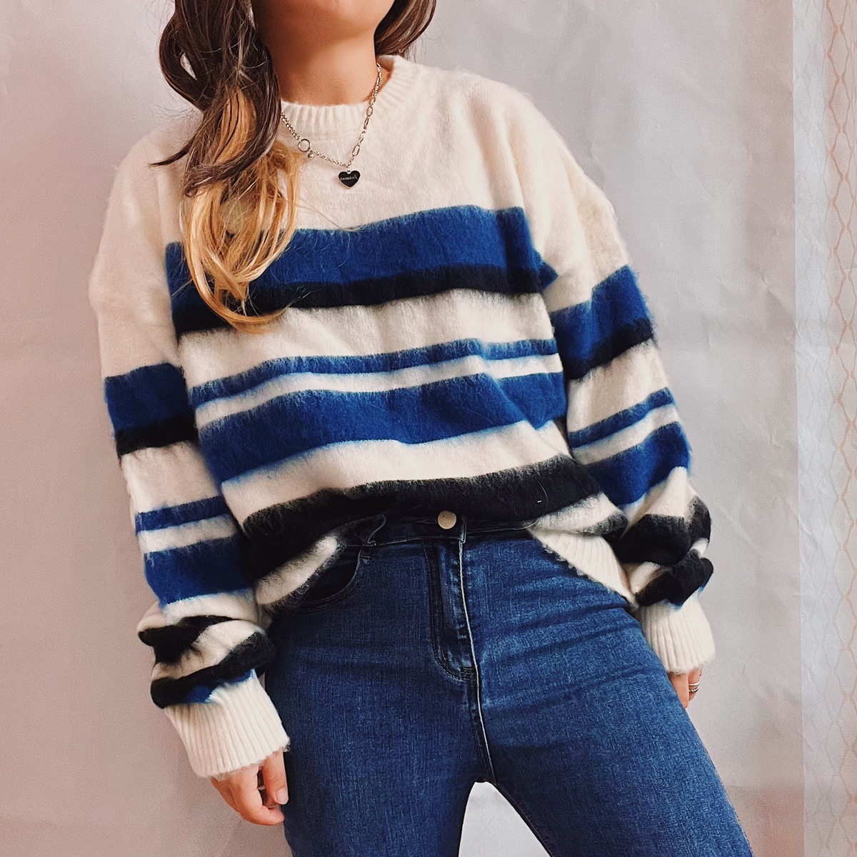 Vintage Long Sleeve Crewneck Striped Sweater-ABOXUN