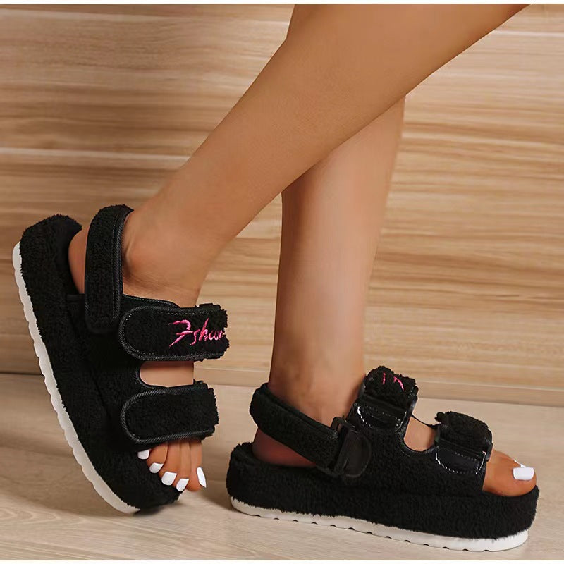 Round Toe Platform Velcro Fleece Thermal Cotton Sandals-ABOXUN
